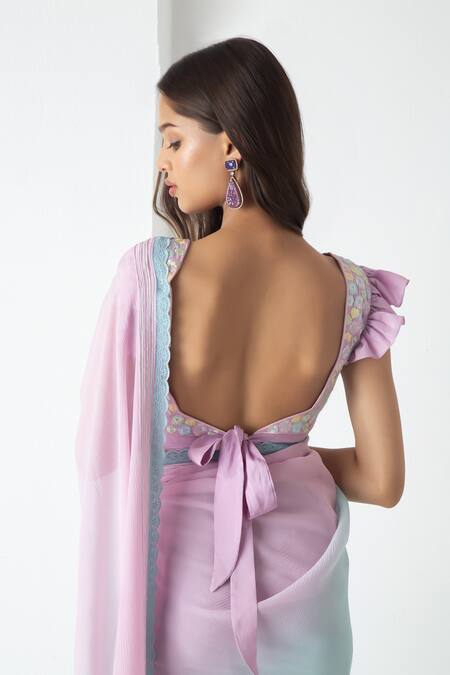 Buy_Chhaya Mehrotra_Aqua Chiffon, Chanderi Embroidery Scoop Neck Powder Blue-aqua Ombre Saree Set _Online_at_Aza_Fashions