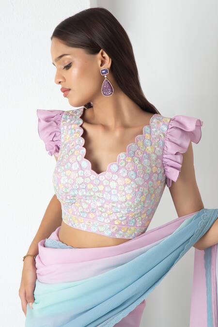 Shop_Chhaya Mehrotra_Aqua Chiffon, Chanderi Embroidery Scoop Neck Powder Blue-aqua Ombre Saree Set _Online_at_Aza_Fashions