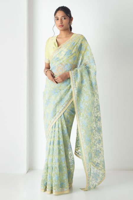 Chhaya Mehrotra Yellow Chiffon, Chanderi Embroidery Round Neck Designer Plum Saree Set