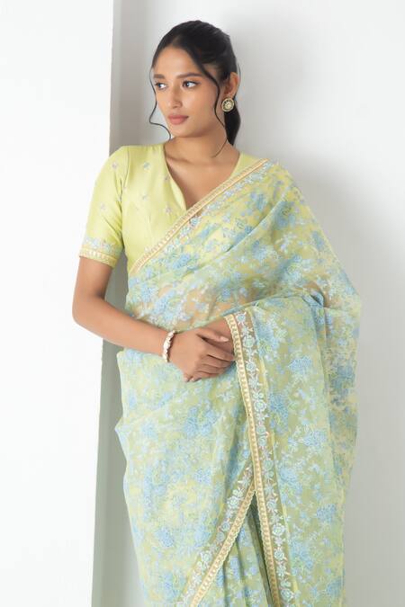 Buy_Chhaya Mehrotra_Yellow Chiffon, Chanderi Embroidery Round Neck Designer Plum Saree Set _Online_at_Aza_Fashions