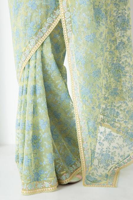 Shop_Chhaya Mehrotra_Yellow Chiffon, Chanderi Embroidery Round Neck Designer Plum Saree Set _Online_at_Aza_Fashions