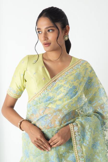 Chhaya Mehrotra_Yellow Chiffon, Chanderi Embroidery Round Neck Designer Plum Saree Set _at_Aza_Fashions