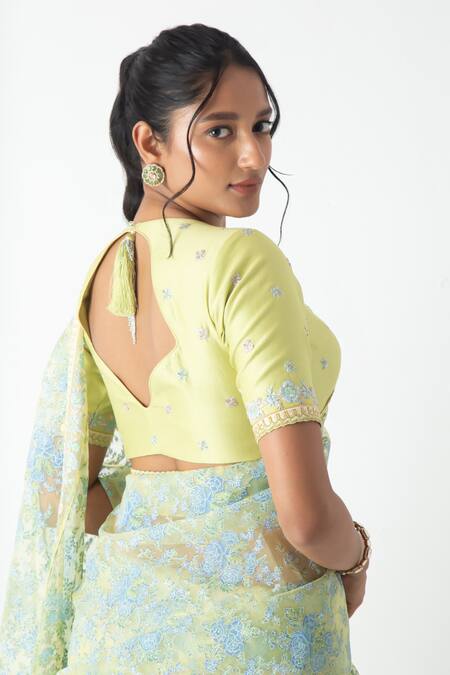 Buy_Chhaya Mehrotra_Yellow Chiffon, Chanderi Embroidery Round Neck Designer Plum Saree Set 