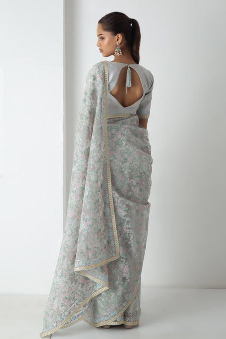 Chhaya Mehrotra Ice Grey Floral Chanderi Saree Set 