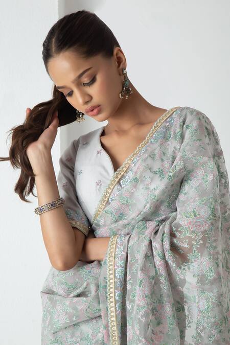 Buy Chhaya Mehrotra Gray Chiffon, Chanderi Embroidery Round Neck Ice Grey Floral Saree Set Online at Aza Fashions Buy_Chhaya Mehrotra_Gray Chiffon, Chanderi Embroidery Round Neck Ice Grey Floral Saree Set _Online_at_Aza_Fashions