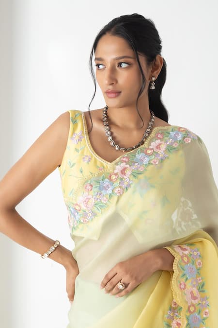 Chhaya Mehrotra Yellow Chiffon, Chanderi Embroidery Round Neck Yellow-green Saree Set Online at Aza Fashions Chhaya Mehrotra_Yellow Chiffon, Chanderi Embroidery Round Neck Yellow-green Saree Set _Online_at_Aza_Fashions
