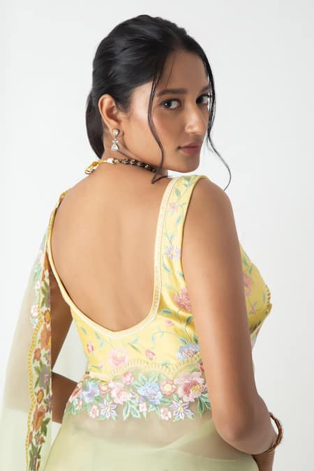 Buy Chhaya Mehrotra Yellow Chiffon, Chanderi Embroidery Round Neck Yellow-green Saree Set Online at Aza Fashions Buy_Chhaya Mehrotra_Yellow Chiffon, Chanderi Embroidery Round Neck Yellow-green Saree Set _Online_at_Aza_Fashions