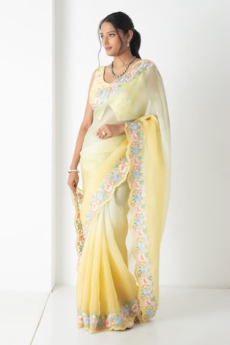 Shop Chhaya Mehrotra Yellow Chiffon, Chanderi Embroidery Round Neck Yellow-green Saree Set Online at Aza Fashions Shop_Chhaya Mehrotra_Yellow Chiffon, Chanderi Embroidery Round Neck Yellow-green Saree Set _Online_at_Aza_Fashions
