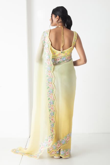 Chhaya Mehrotra Yellow-Green Chanderi Embroidered Saree Set 