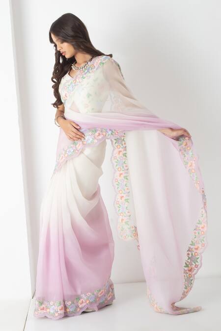 Chhaya Mehrotra_Ivory Chiffon, Chanderi Embroidery Round Neck Ivory-lilac Designer Saree Set _Online_at_Aza_Fashions