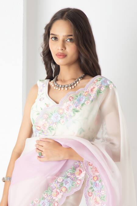 Shop_Chhaya Mehrotra_Ivory Chiffon, Chanderi Embroidery Round Neck Ivory-lilac Designer Saree Set _Online_at_Aza_Fashions