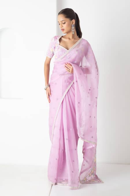 Chhaya Mehrotra Lavender Chiffon, Chanderi Embroidery V-neck Saree Set 