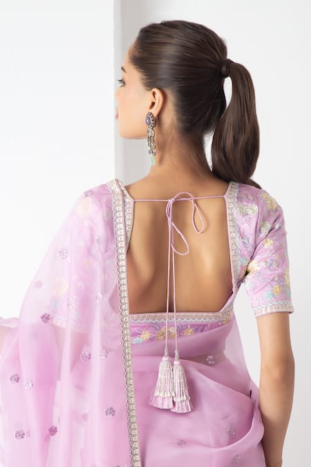 Chhaya Mehrotra_Lavender Chiffon, Chanderi Embroidery V-neck Saree Set _Online_at_Aza_Fashions