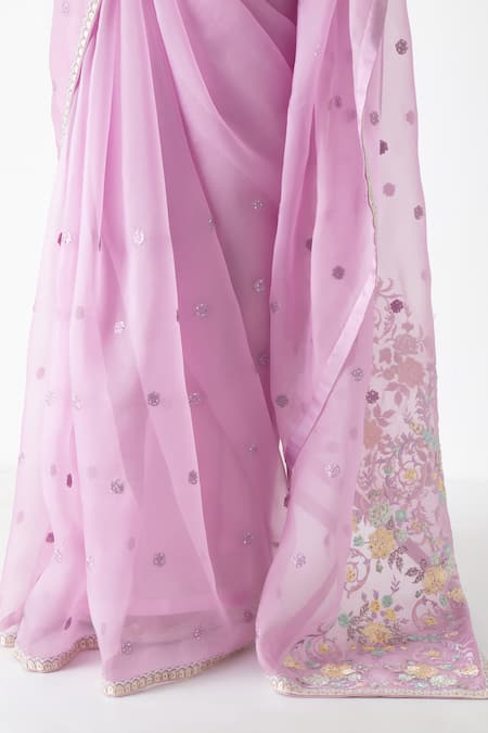 Chhaya Mehrotra_Lavender Chiffon, Chanderi Embroidery V-neck Saree Set _at_Aza_Fashions