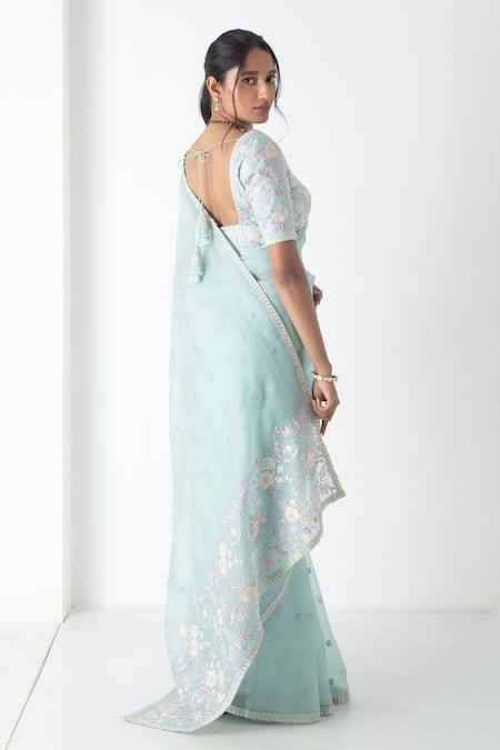 Chhaya Mehrotra Baby Blue Chanderi Saree With Stitched Blouse 
