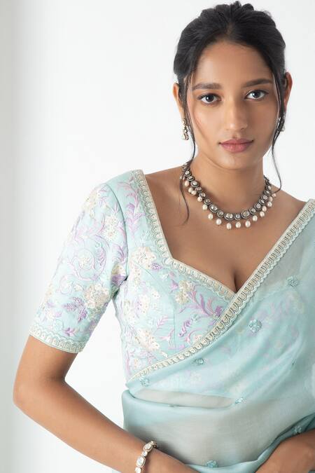 Chhaya Mehrotra_Blue Chiffon, Chanderi Embroidery Round Neck Baby Saree With Stitched Blouse _Online_at_Aza_Fashions