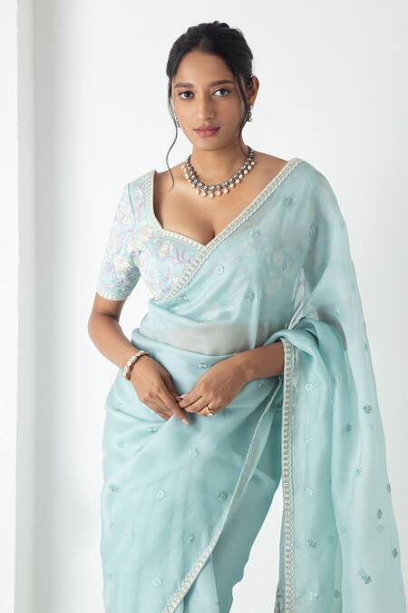 Buy_Chhaya Mehrotra_Blue Chiffon, Chanderi Embroidery Round Neck Baby Saree With Stitched Blouse _Online_at_Aza_Fashions