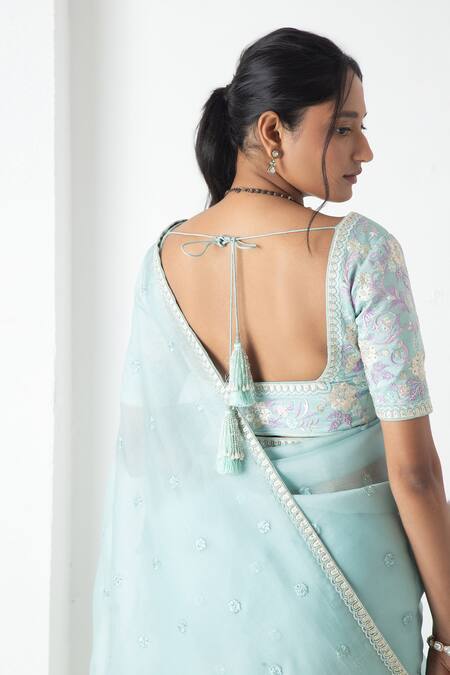 Shop_Chhaya Mehrotra_Blue Chiffon, Chanderi Embroidery Round Neck Baby Saree With Stitched Blouse _Online_at_Aza_Fashions