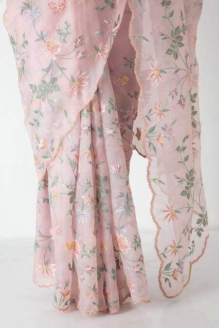 Buy_Chhaya Mehrotra_Pink Chiffon, Chanderi Embroidery V-neck Floral Saree With Stitched Blouse _Online_at_Aza_Fashions