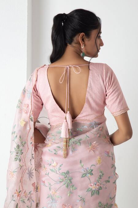 Shop_Chhaya Mehrotra_Pink Chiffon, Chanderi Embroidery V-neck Floral Saree With Stitched Blouse _Online_at_Aza_Fashions