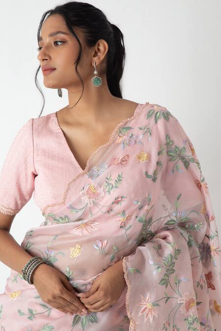 Chhaya Mehrotra_Pink Chiffon, Chanderi Embroidery V-neck Floral Saree With Stitched Blouse _at_Aza_Fashions