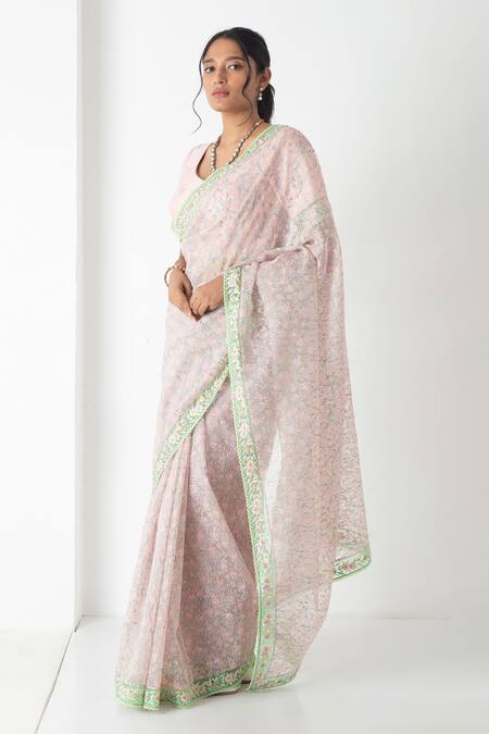 Chhaya Mehrotra_Pink Chiffon, Chanderi Embroidery Round Neck Designer Saree With Stitched Blouse _Online_at_Aza_Fashions