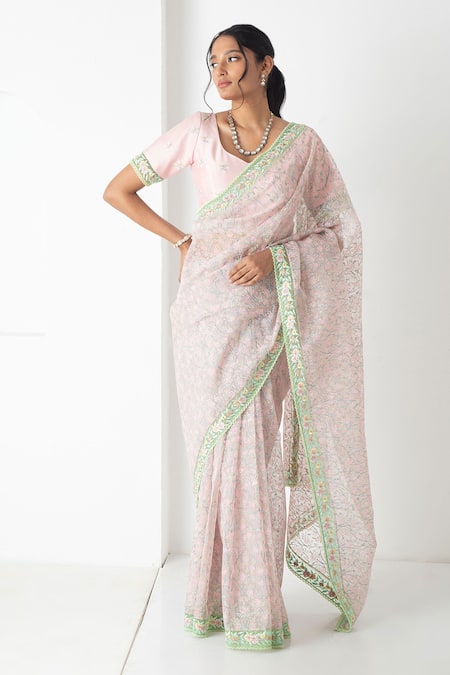 Chhaya Mehrotra Pink Chiffon, Chanderi Embroidery Round Neck Designer Saree With Stitched Blouse 