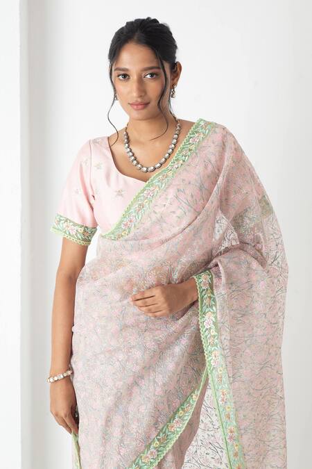 Shop_Chhaya Mehrotra_Pink Chiffon, Chanderi Embroidery Round Neck Designer Saree With Stitched Blouse _Online_at_Aza_Fashions