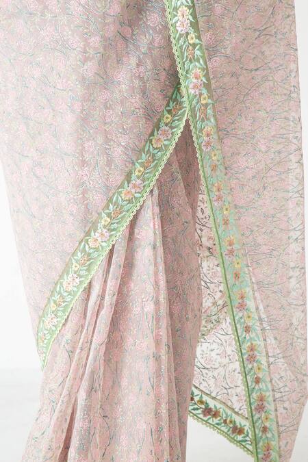 Chhaya Mehrotra_Pink Chiffon, Chanderi Embroidery Round Neck Designer Saree With Stitched Blouse _at_Aza_Fashions
