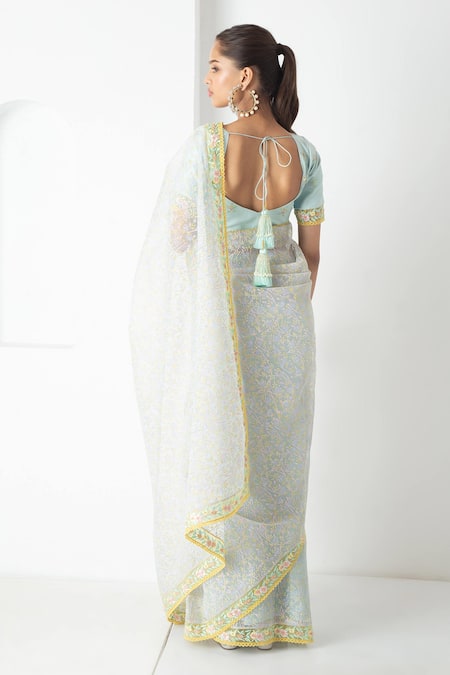 Chhaya Mehrotra Aqua Chanderi & Chiffon Saree Set 