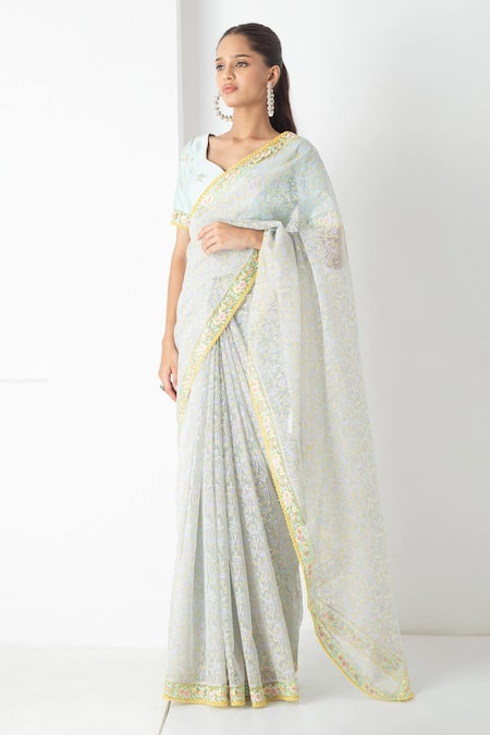 Chhaya Mehrotra_Aqua Chiffon, Chanderi Tassels, Embroidery Round Neck And Saree Set _Online_at_Aza_Fashions