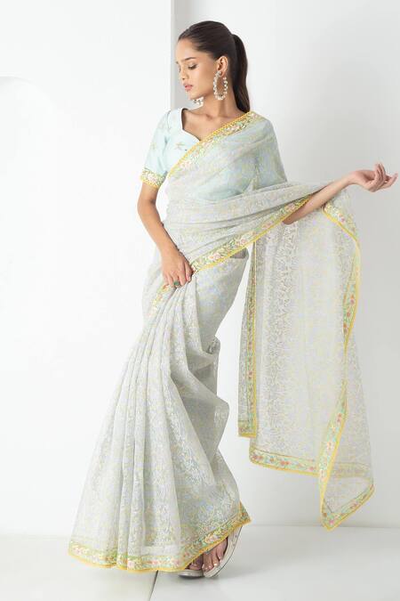 Buy_Chhaya Mehrotra_Aqua Chiffon, Chanderi Tassels, Embroidery Round Neck And Saree Set _Online_at_Aza_Fashions