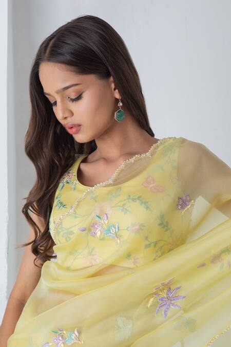 Buy_Chhaya Mehrotra_Yellow Chiffon, Chanderi Embroidery Round Neck Illuminating Saree Set _Online_at_Aza_Fashions