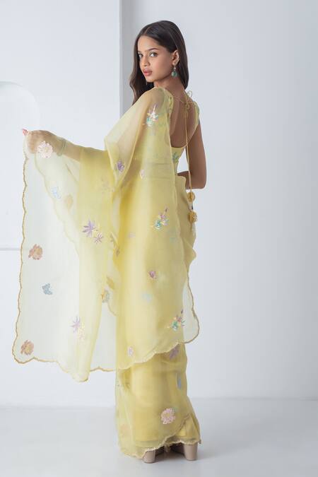 Shop_Chhaya Mehrotra_Yellow Chiffon, Chanderi Embroidery Round Neck Illuminating Saree Set _Online_at_Aza_Fashions