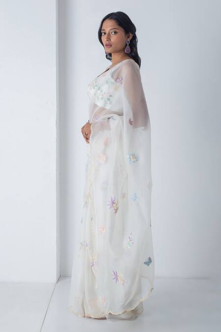 Chhaya Mehrotra Ivory Chiffon, Chanderi Embroidery Round Neck Saree Set Online at Aza Fashions Chhaya Mehrotra_Ivory Chiffon, Chanderi Embroidery Round Neck Saree Set _Online_at_Aza_Fashions