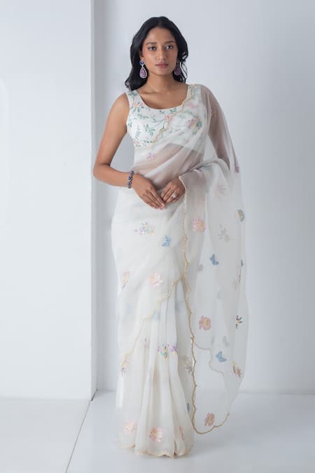 Chhaya Mehrotra Ivory Chiffon, Chanderi Embroidery Round Neck Saree Set 