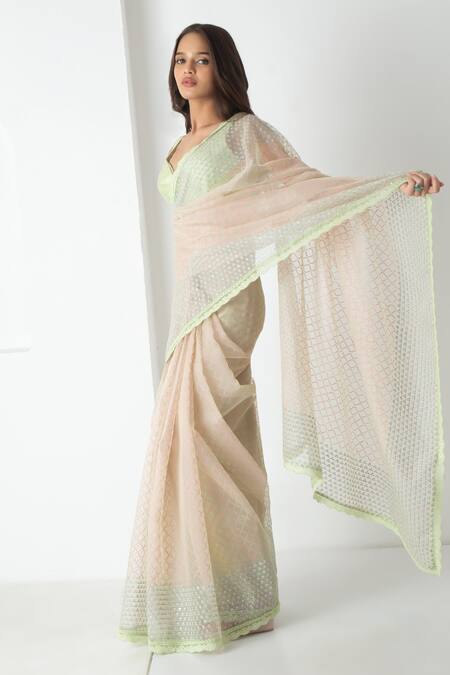 Chhaya Mehrotra_Teal Chiffon, Chanderi Round Neck Designer Saree Set _Online_at_Aza_Fashions