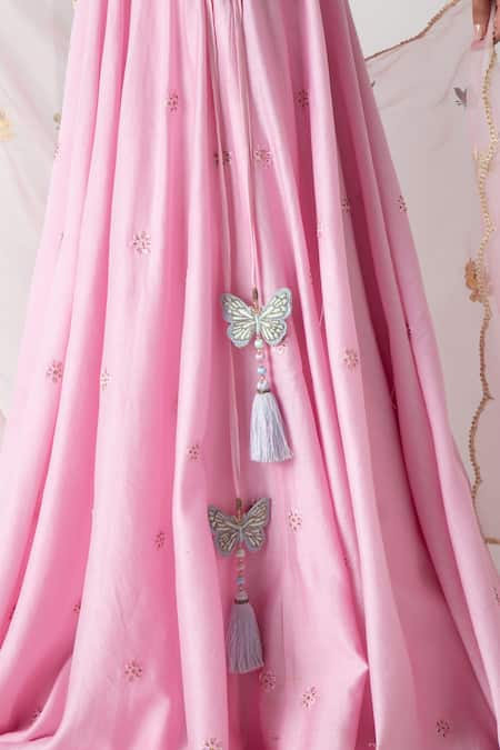 Chhaya Mehrotra_Pink Silk, Chanderi, Organza Embroidery Sweetheart Neck Orchid Lehenga Set _Online_at_Aza_Fashions