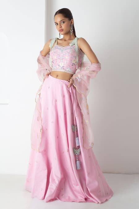 Buy_Chhaya Mehrotra_Pink Silk, Chanderi, Organza Embroidery Sweetheart Neck Orchid Lehenga Set _Online_at_Aza_Fashions