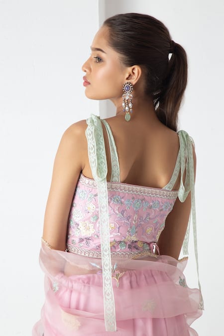 Shop_Chhaya Mehrotra_Pink Silk, Chanderi, Organza Embroidery Sweetheart Neck Orchid Lehenga Set _Online_at_Aza_Fashions