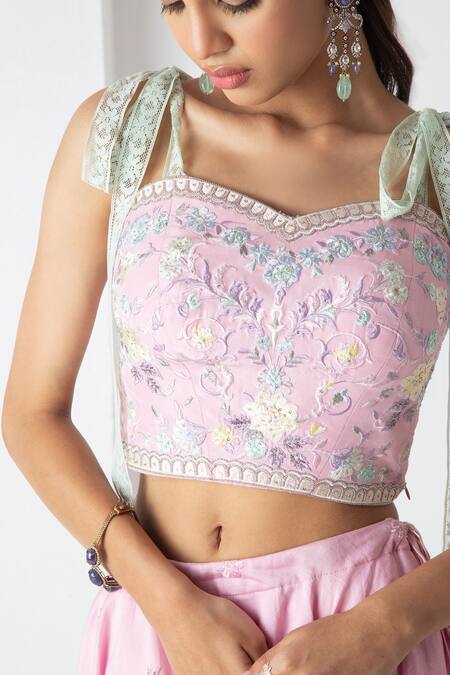 Chhaya Mehrotra_Pink Silk, Chanderi, Organza Embroidery Sweetheart Neck Orchid Lehenga Set _at_Aza_Fashions