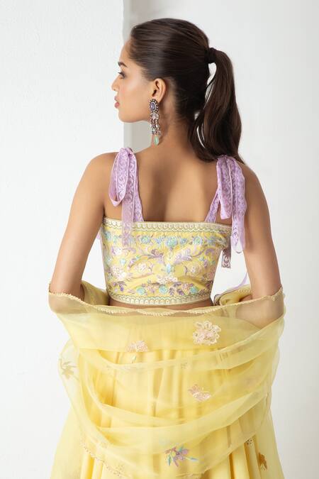 Buy_Chhaya Mehrotra_Yellow Silk, Chanderi, Organza Embroidery Round Neck Sunshine Lehenga Set _Online_at_Aza_Fashions