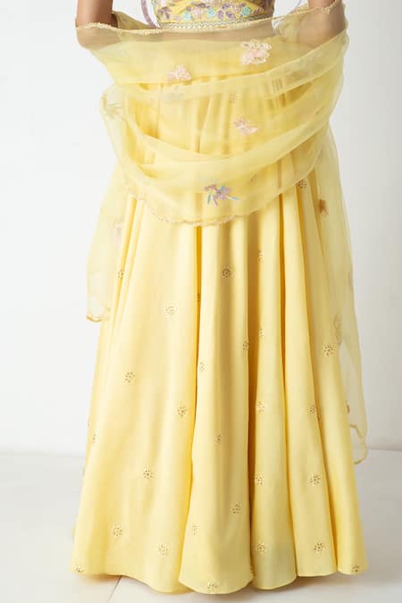 Shop_Chhaya Mehrotra_Yellow Silk, Chanderi, Organza Embroidery Round Neck Sunshine Lehenga Set _Online_at_Aza_Fashions