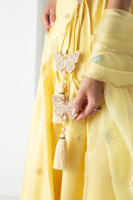 Chhaya Mehrotra_Yellow Silk, Chanderi, Organza Embroidery Round Neck Sunshine Lehenga Set _at_Aza_Fashions
