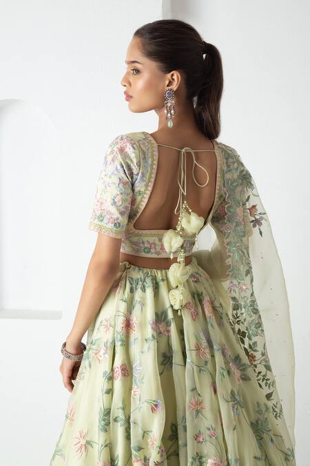 Chhaya Mehrotra Green Silk Organza, Chanderi Fabric Flowers, Embroidery Round Tea Lehenga Set Online at Aza Fashions Chhaya Mehrotra_Green Silk Organza, Chanderi Fabric Flowers, Embroidery Round Tea Lehenga Set _Online_at_Aza_Fashions