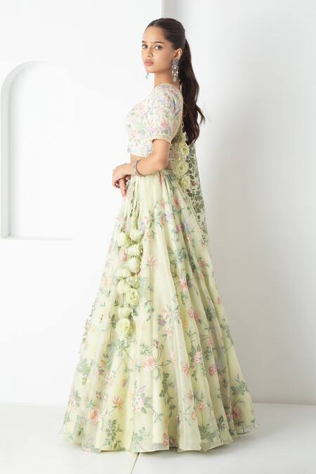 Buy Chhaya Mehrotra Green Silk Organza, Chanderi Fabric Flowers, Embroidery Round Tea Lehenga Set Online at Aza Fashions Buy_Chhaya Mehrotra_Green Silk Organza, Chanderi Fabric Flowers, Embroidery Round Tea Lehenga Set _Online_at_Aza_Fashions