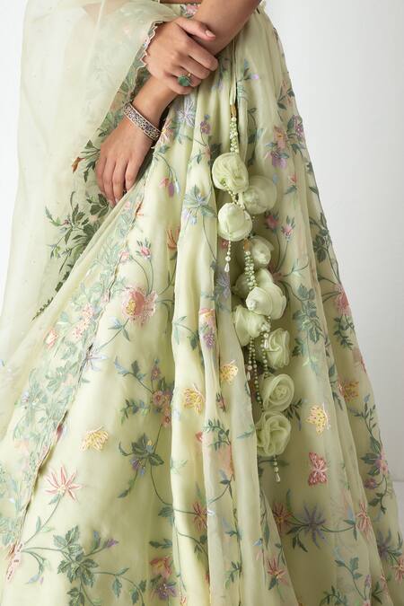 Shop Chhaya Mehrotra Green Silk Organza, Chanderi Fabric Flowers, Embroidery Round Tea Lehenga Set Online at Aza Fashions Shop_Chhaya Mehrotra_Green Silk Organza, Chanderi Fabric Flowers, Embroidery Round Tea Lehenga Set _Online_at_Aza_Fashions