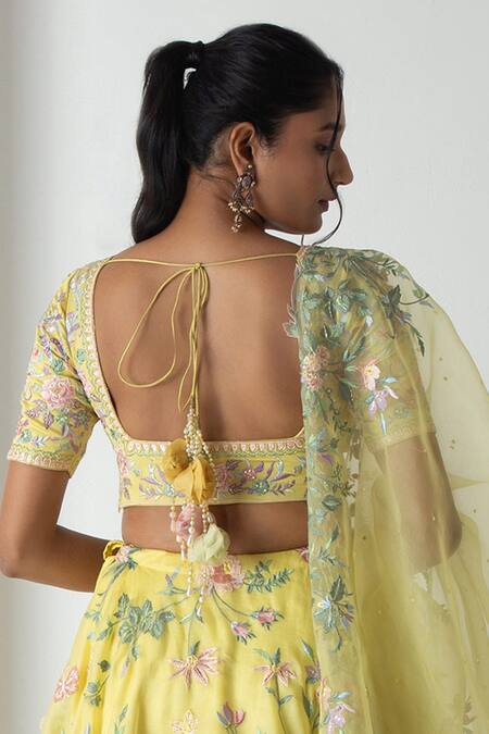 Chhaya Mehrotra_Yellow Silk Organza, Chanderi Embroidery, Fabric Flowers Floral Lehenga Set _Online_at_Aza_Fashions