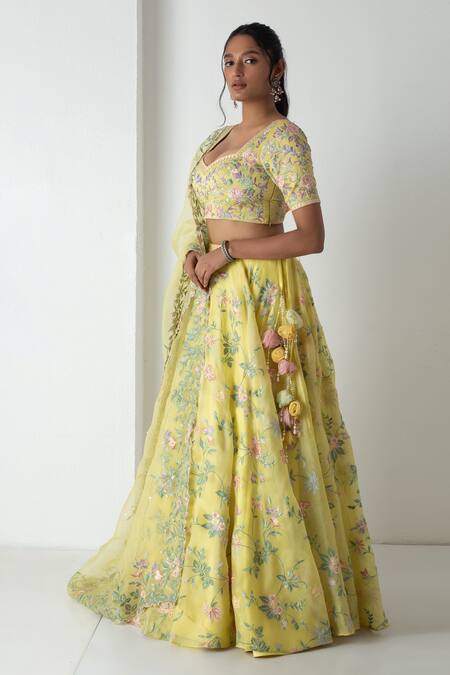 Shop_Chhaya Mehrotra_Yellow Silk Organza, Chanderi Embroidery, Fabric Flowers Floral Lehenga Set _Online_at_Aza_Fashions