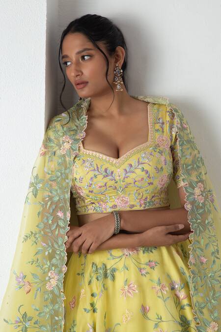 Chhaya Mehrotra_Yellow Silk Organza, Chanderi Embroidery, Fabric Flowers Floral Lehenga Set _at_Aza_Fashions